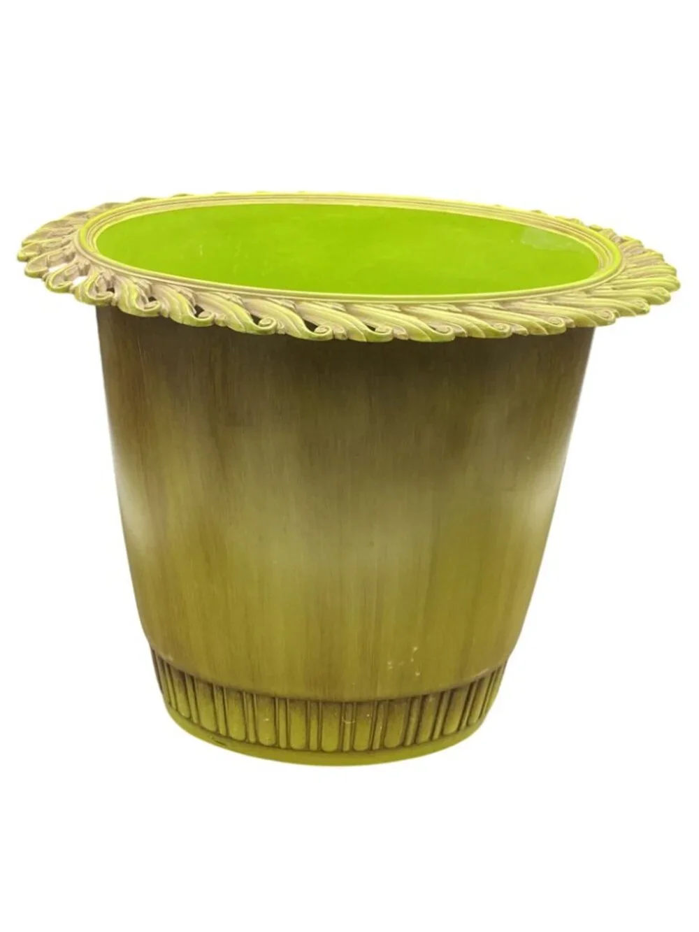 Vintage Avocado Green Ornate Scroll Large Trash Can Syroco 11.5